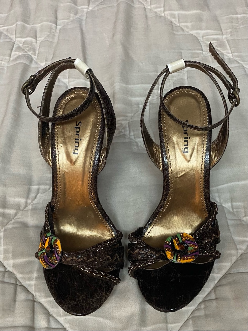 Brand New - Brown Metallic Ankle-Strap Sandals with Multicolor Accent